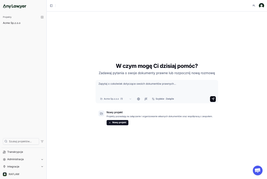 Widok główny aplikacji AnyLawyer z panelem bocznym i przyciskiem „Nowy projekt"