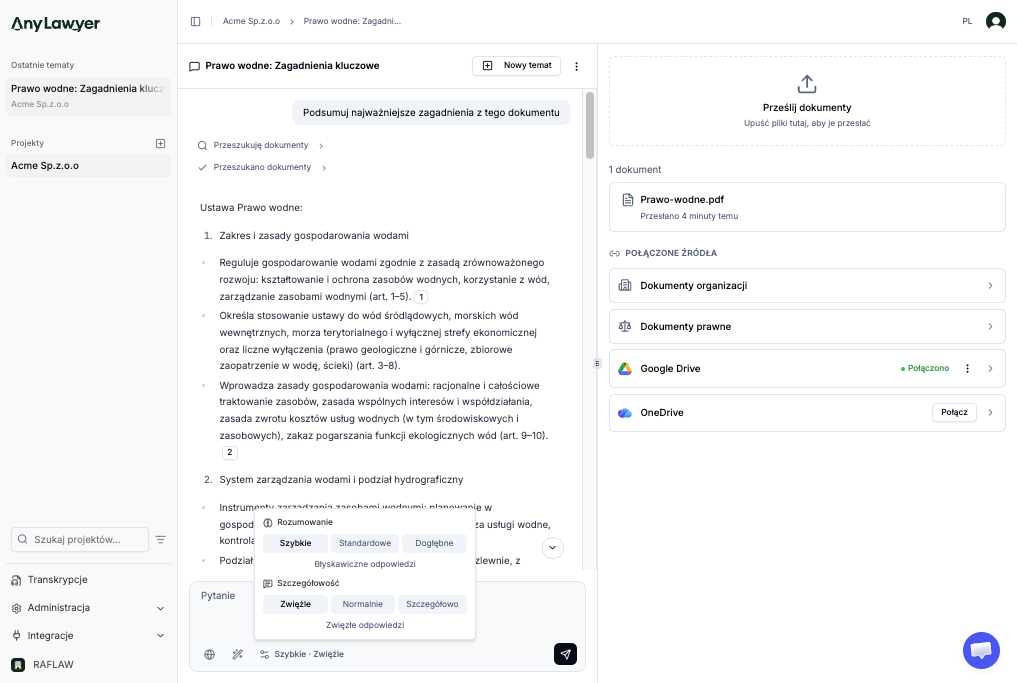 Panel ustawień modelu z opcjami rozumowania i szczegółowości