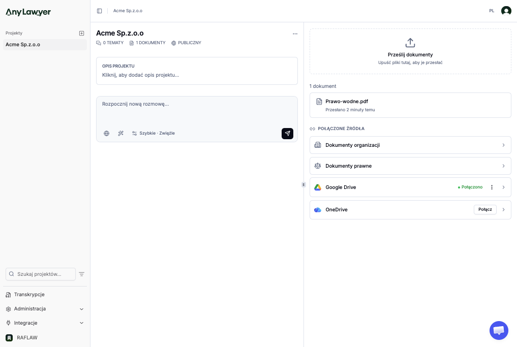 Panel boczny projektu z integracjami Google Drive i OneDrive